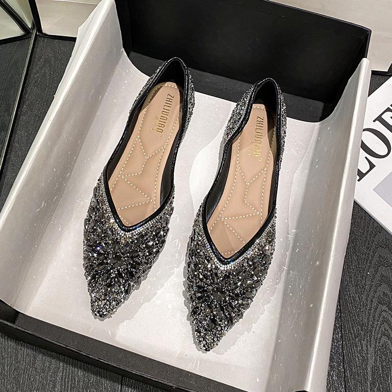 Spring New Pearl Rhinestone Shallow Mouth Square Head Single Shoes Flat Bottom Temperament