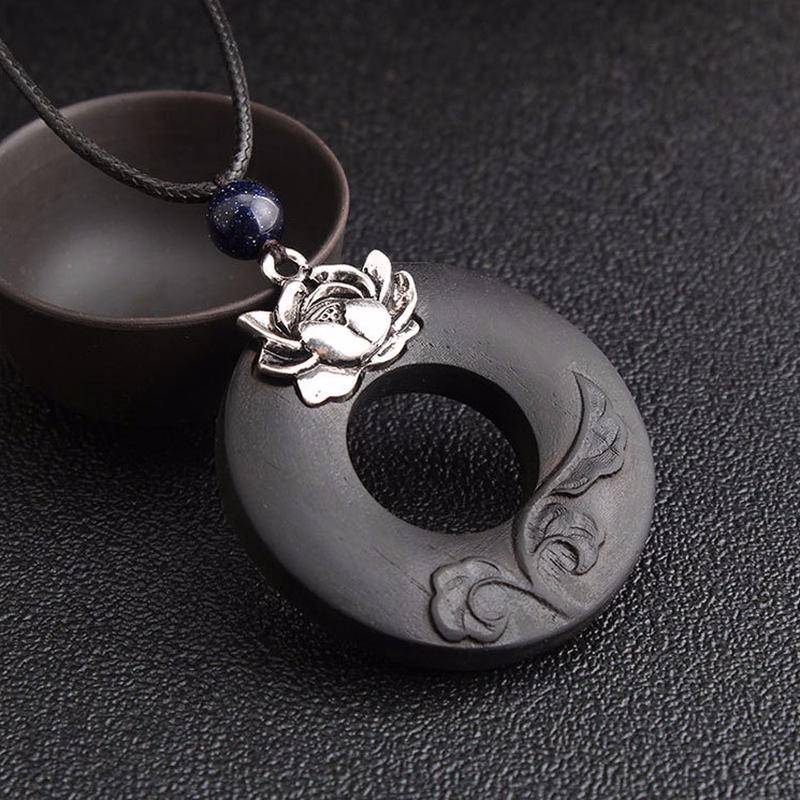 Винтажное ожерелье с подвеской в ​​виде лотоса из черного сандалового дерева, этническое регулируемое длинное деревянное ожерелье-свитер из веревки