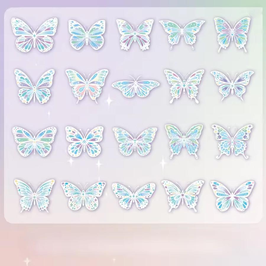 20Pcs Butterfly Scrapbook Stickers Kit Holographic PET Transparent Waterproof Stickers Set for Junk Journal Journaling