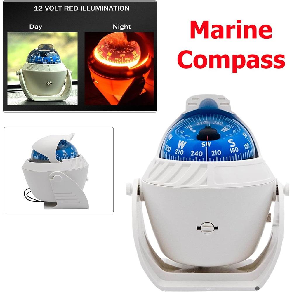 Marine Compass With Compass Mounted Waterproof Ball For Caravan Boats, White Rotating