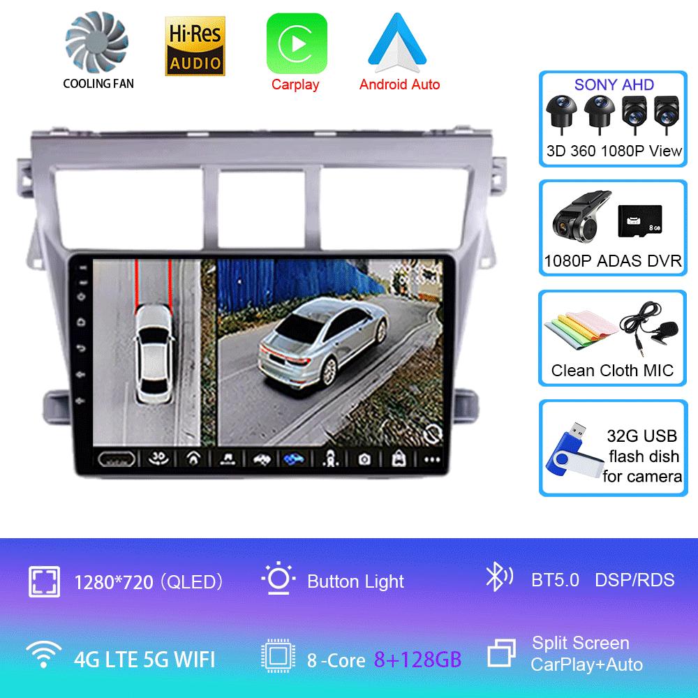 Для Toyota Vios Yaris 2007 2008 - 2012 9-дюймовый автомобильный стерео радио мультимедийный видеоплеер Android 14 Auto Carplay GPS навигация