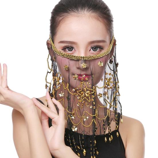 Performance Veil Flower Sequins Beads Decor See-through Lace Belly Dance Tribal Face Veil Breathable Fabric Adjustable Strap Indian Dance Veil