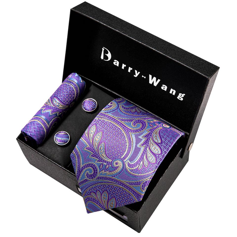 Barry.Wang Men's Elegant Purple Tie Pocket Square Cufflinks Gift Box Set