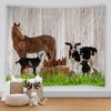 Vintage Retro Wood Grain Farm Animal Tapestry Wall Hanging Flowers and Plants Horse Cow Chicken Tapestry Home Decor