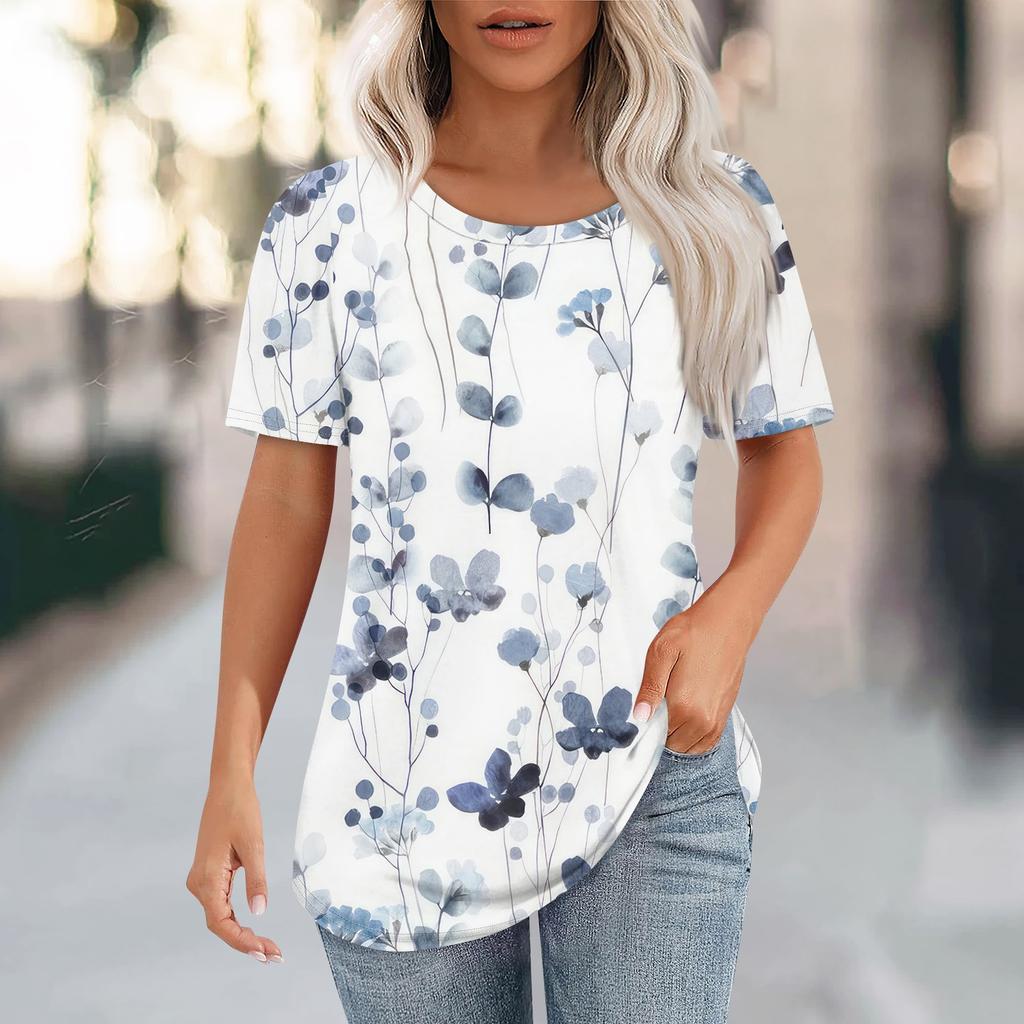 T Shirts For Women Pleated Round Neck Dressy Casual Blouses Printing Short Sleeve Summer Tops Loose Fit