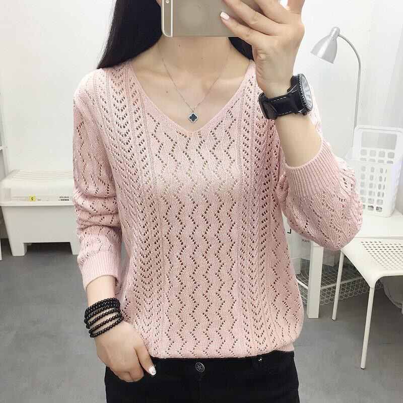 Женский пуловер с длинными рукавами, свободного кроя, с V-образным вырезом, ажурный свитер, весенне-осенняя темпераментная вязаная базовая рубашка