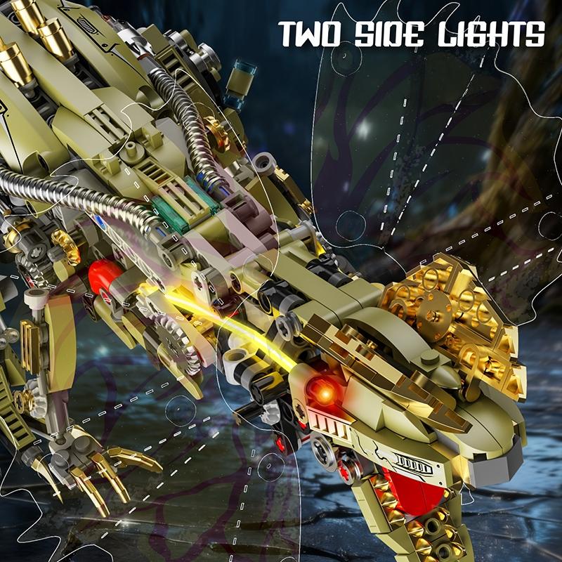 1277Pcs Mechanical Dinosaur Blocks Dual Crested Dilophosaurus Light Up Moving Model Jurassic Decor Creative Gift Set