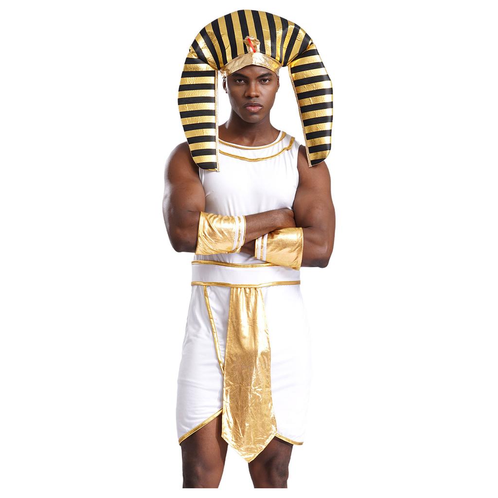 Mens Egyptian Pharaoh Costume Sleeveless Contrast Color Zipper Dress with Hat