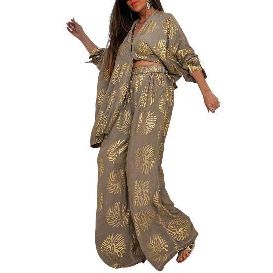 Женские костюмы-двойки с крупным принтом, рубашка на пуговицах с длинным рукавом, брюки с широкими штанинами на резинке, повседневный костюм для отдыха