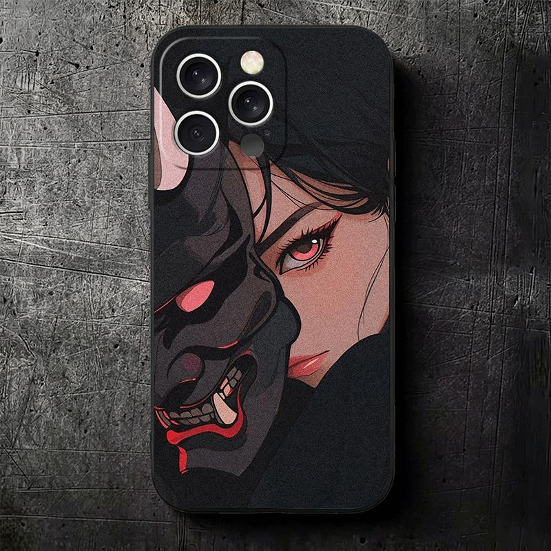 Japanese Oni Mask Girl Soft Phone Case for iPhone 16 16E 17 Air 15 Pro Max 14 Plus 13 Mini 11 12 7 Black Cover Back Shell