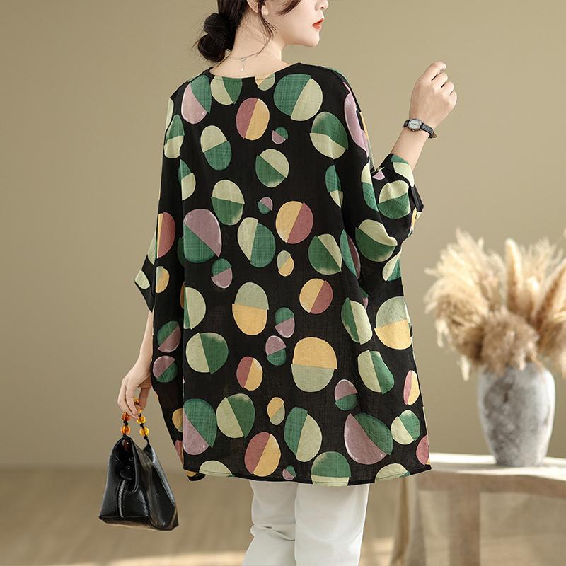 DIMANAF 2025 Весенняя футболка больших размеров Женская с принтом Рукав «летучая мышь» Горошек Винтажный Свободный топ Повседневный