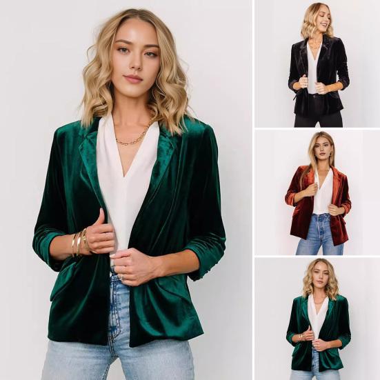 Women's Velvet Blazer Ruched 3/4 Sleeve Lapel Open Front Cardigan Ladies Office Business Coat Short Suit Jacket