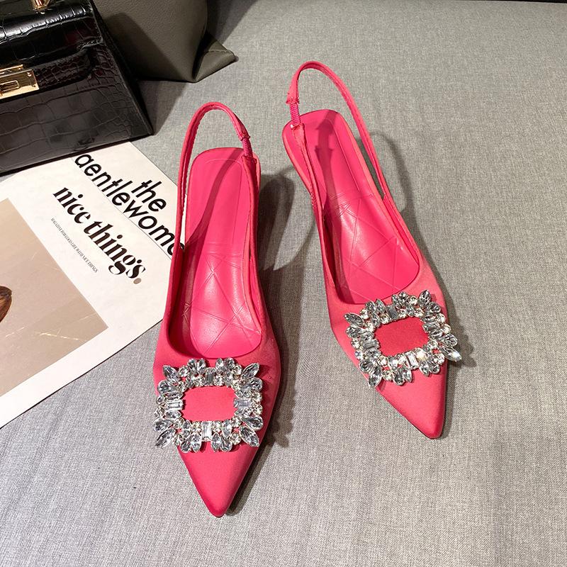 Fashion Sandals Women 2024 Summer New Square Buckle Thin Heel  Diamond Pointed Shallow Mouth High Heel Single Shoes for Women