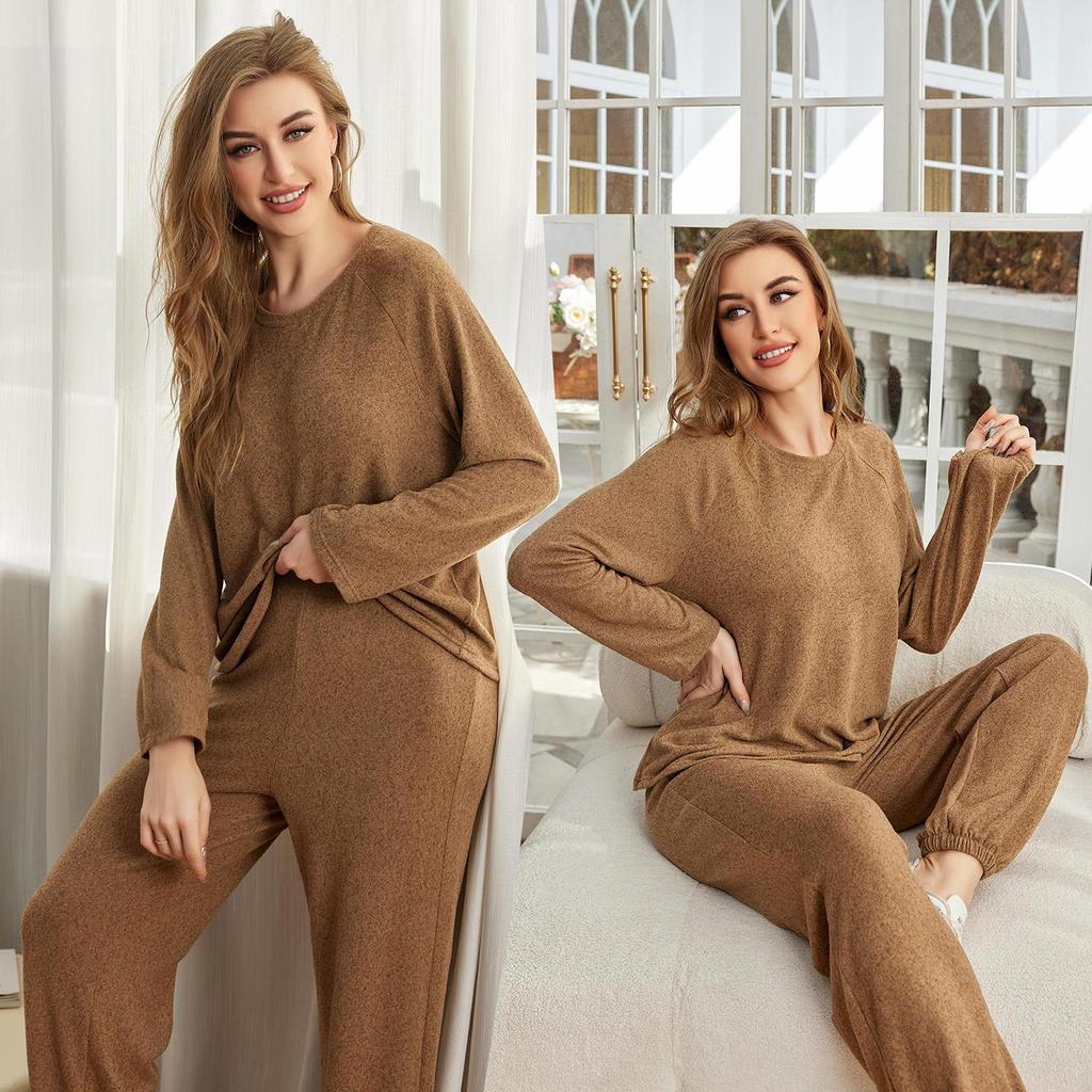 Women’s Sleep Lounge 2 Piece Pajamas Set Round Neck Long Sleeves Shirts Jogger Pants Autumn Spring Sleeping Suit Brown Casual Loose Wear
