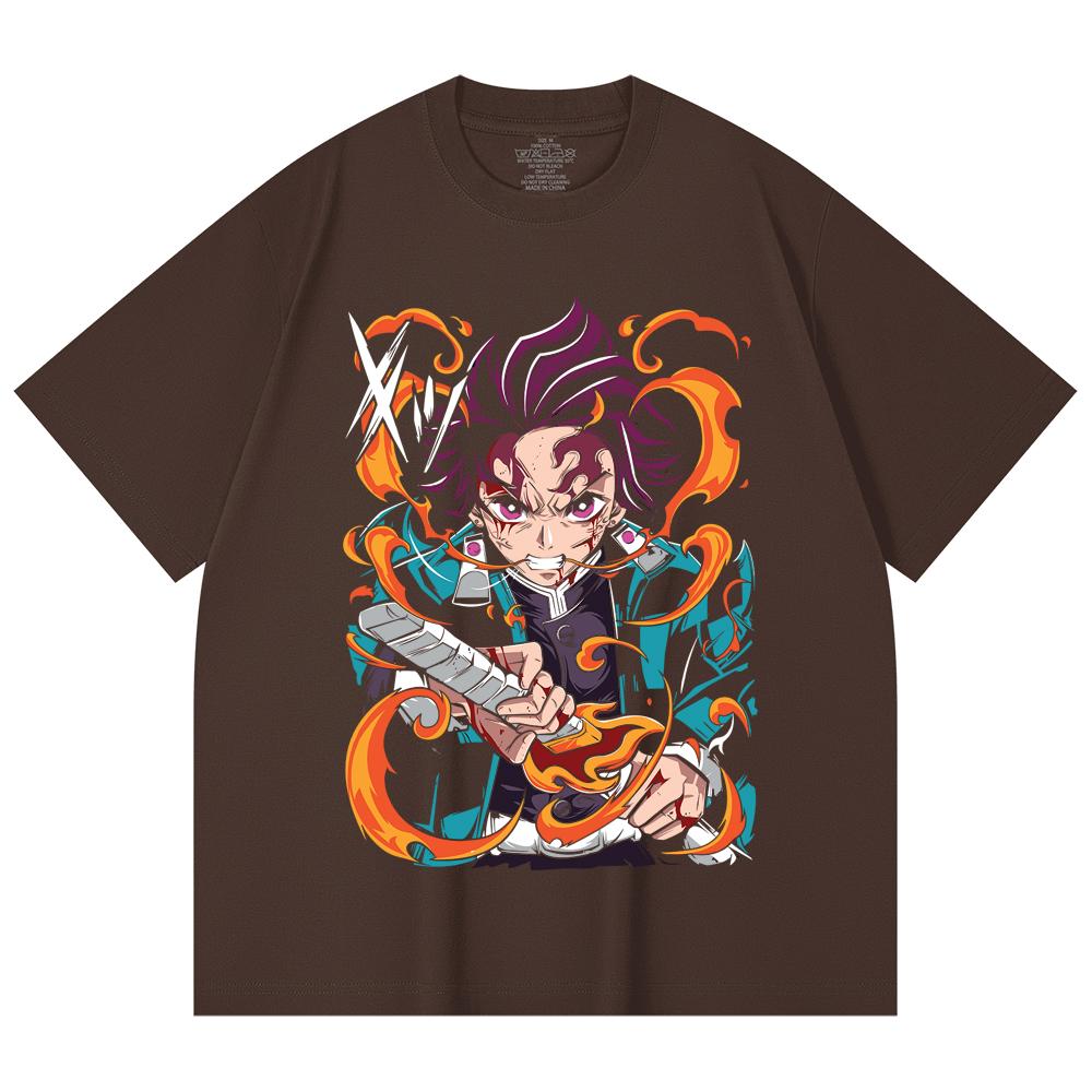 230 Gsm 100% Cotton Demon Slayer V64 Tanjiro Fire Breathing Print Unisex Heavy Cotton T Shirt