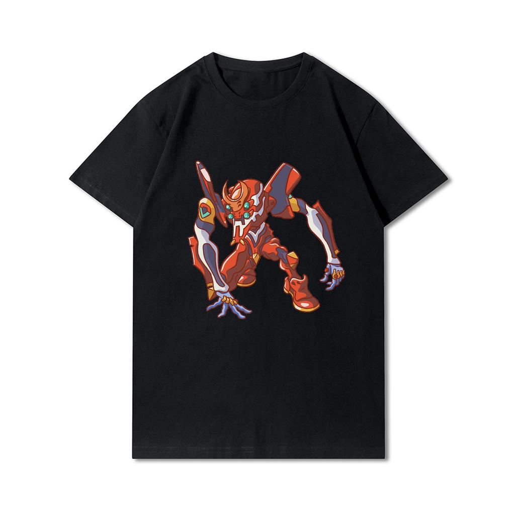 Plus Size Evangelion Printed Men T Shirts Round Neck Cotton Tops Summer Anime Casual Black Tees
