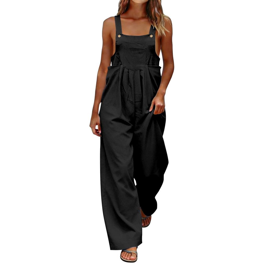 Women's Fashionable Color Sleeveless Casual Wide Leg Loose Jumpsuit With Pocket