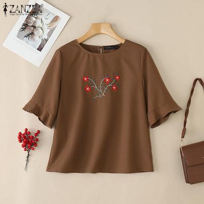 Женская повседневная блузка с круглым вырезом, рукавом до локтя, летняя, с цветочной вышивкой