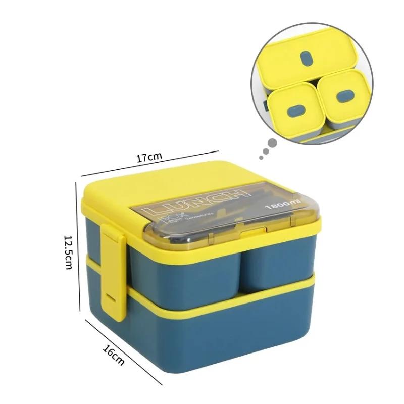 2-слойный контейнер для ланча с вилкой и ложкой для микроволновой печи Bento Boxe, портативный контейнер для хранения еды, столовые приборы для детей и работников