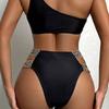 Sexy One Shoulder Swimwear Women Black Hollow Out Metal Ring Knitted Patchwork Two Piece Bikini Set Holiday Bathing Suits