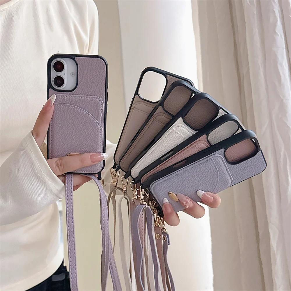 Кожаный защитный чехол-шнурок через плечо для iPhone 13 12 Mini 16E 16 15 14 11 Plus Pro Max, чехол-кошелек с держателем для карт