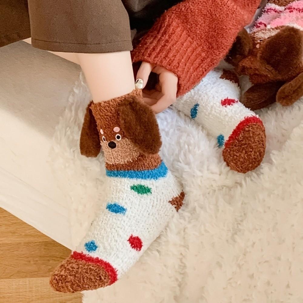 Плюшевые щенячьи ушки Коралловые флисовые носки В полоску Носки для сна Милые напольные носки Девочки