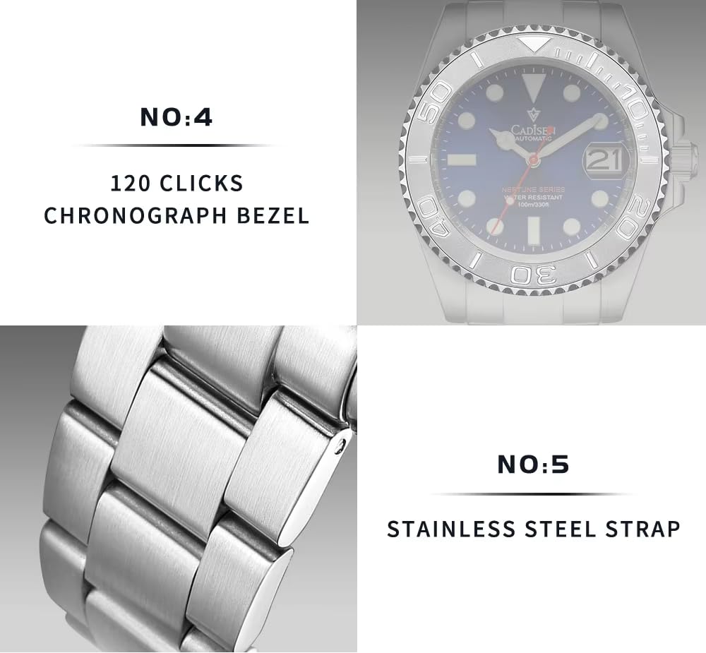 Cadisen Сделано в NH35 Yacht Немецкий Ретро Водонепроницаемость до 10 Механический Корпус Работа Платье Нержавеющая сталь Сапфир Подарок на совершеннолетие C8210 Мужские часы,