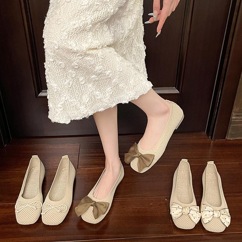 Милые Сладкие Балетки для Женщин Летние Повседневные Обувь без Шнурков с Круглым Носком для Женщин Однотонная Эластичная Ткань Бантик Повседневная Обувь