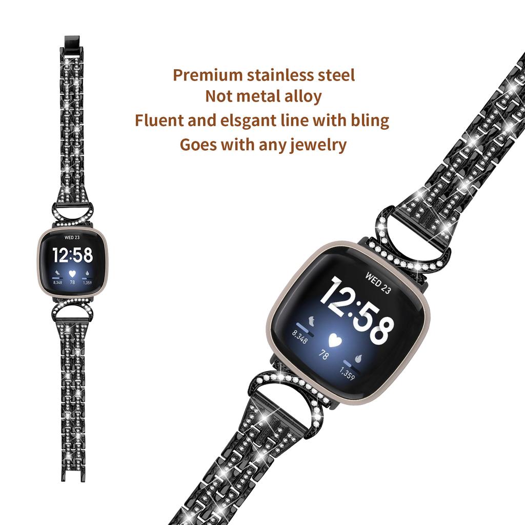 Для Fitbit Versa 4/Sense 2 Блестящий ремешок с декором из стразов, 5-звенный браслет из нержавеющей стали для часов