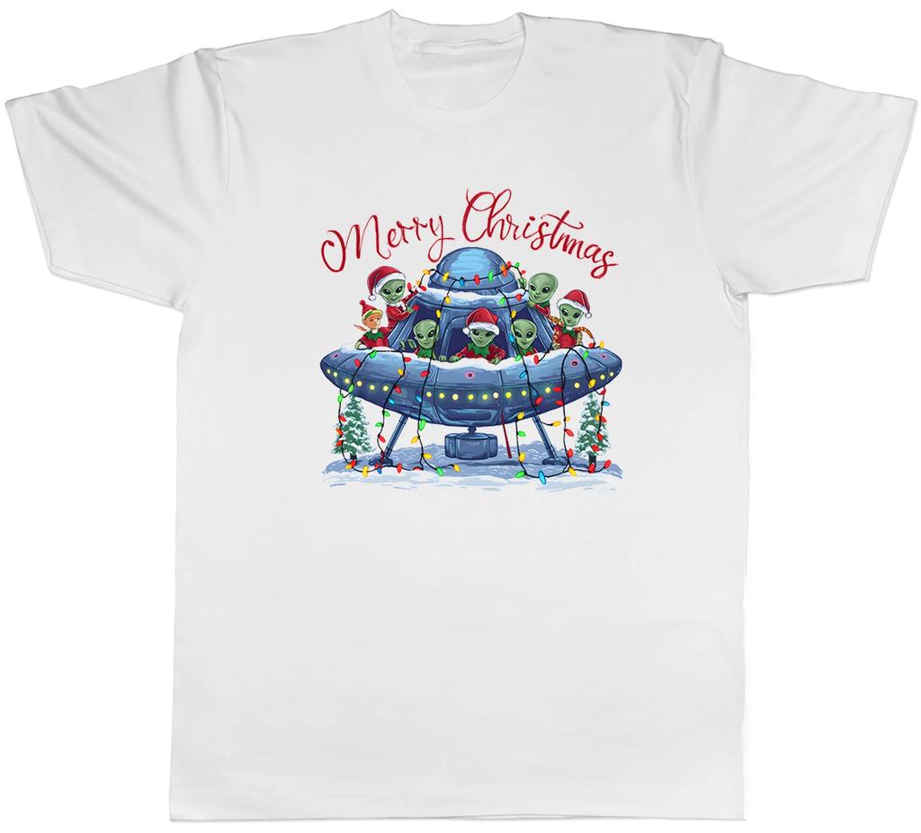 Merry Christmas Aliens UFO Mens T-Shirt Xmas Lights Decoration Tee Gift