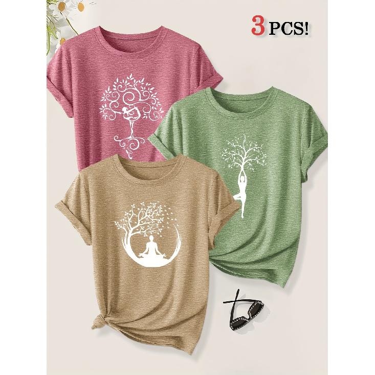 2026 3 Pack Harmony Between Man And Nature Yoga Print Women Short Sleeve T Shirts Casual Sports Holiday Tops Summer Autumn Tees