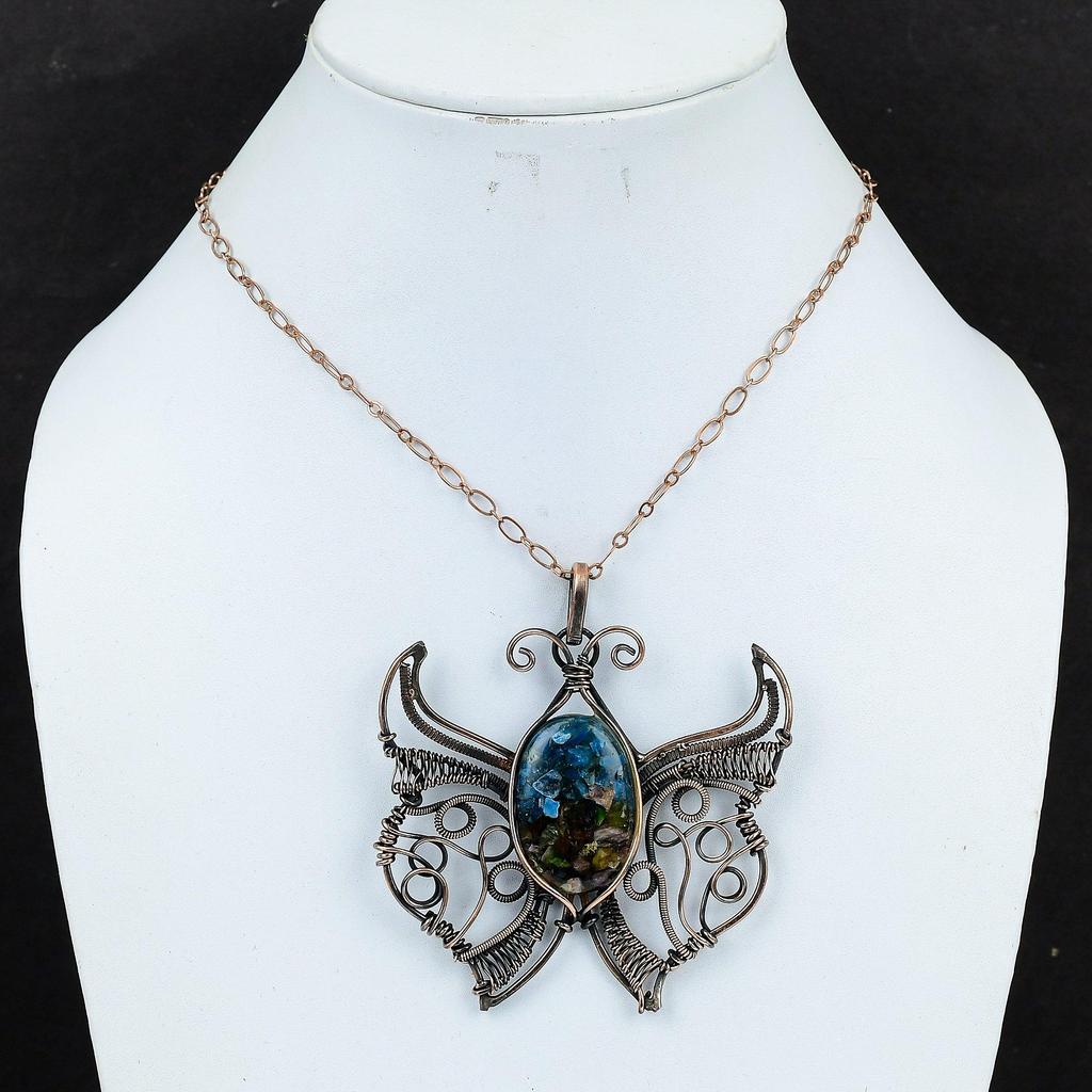 Подвеска из турмалина-арбуза, подвеска, обмотанная медной проволокой, подвеска ручной работы из натурального драгоценного камня, медные украшения, подвеска-бабочка, украшения в технике wire wrap