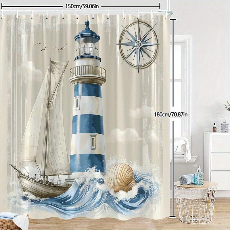 Nautical Lighthouse Ocean Sea Shower Curtain Beach Decor Coastal Bathroom Art Sailboat Marine Waterproof Curtain Shower Liner
