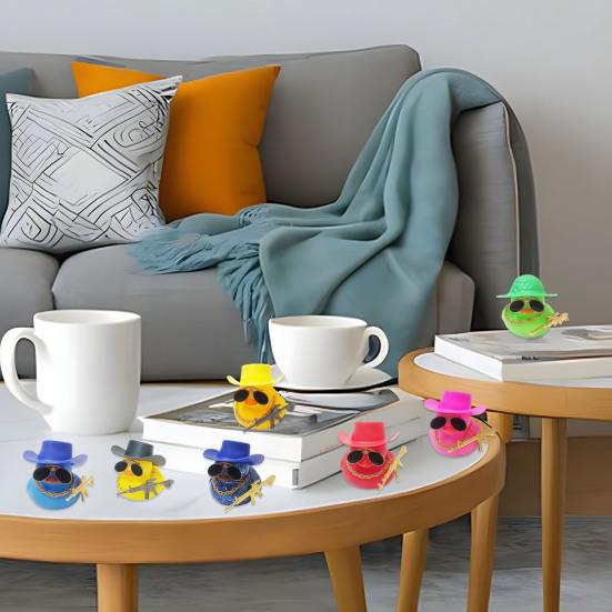 Duck Ornament Squeaky Car Dashboard Decoration Set Funny Yellow Duck Figure with Cowboy Hat Sunglasses Golden Chain Decor