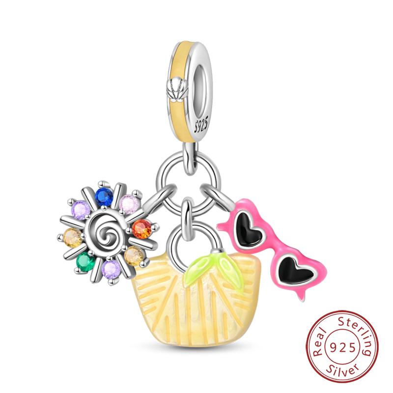 New Summer Day 925 Silver Seaside Sailboat Coconut Tree Sunglasses Camera Charms Beads Fit DIY Silver Bracelets Jewelry