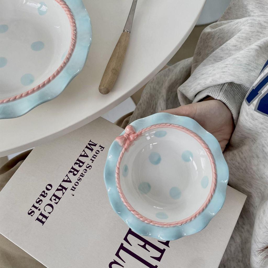 Корейский милый набор керамической тарелки и пиалы с кружевом и бантом для десертов и тортов