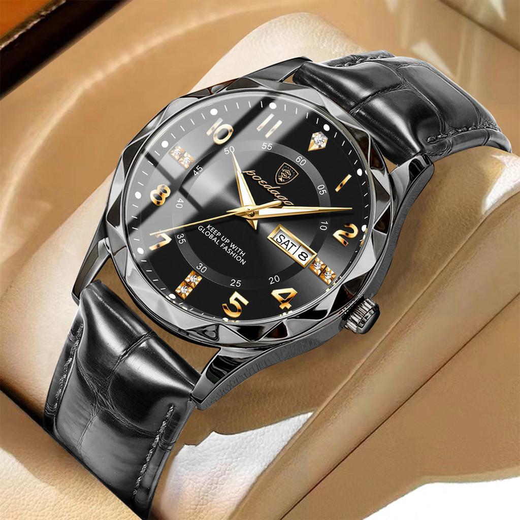 Swiss Mens Quartz Watch With Leather Strap And Luminous Dial For Casual Wear