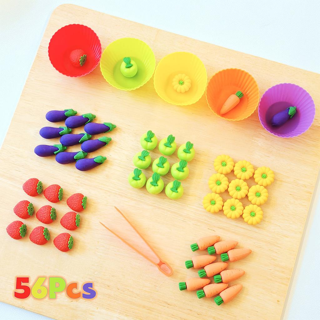 56pcs Educational Toy Set,Fruit & Vegetable Sorting And Counting, Colorful Food Pieces, Fine Motor Skills Development, With Tongs & Silicone Cups,