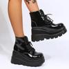 Women Boots High TopThick Sole Winter Slope Heel Lace Up Ankle Boots Women Shoes Bright Black Light Bling Black Chaussure Femme