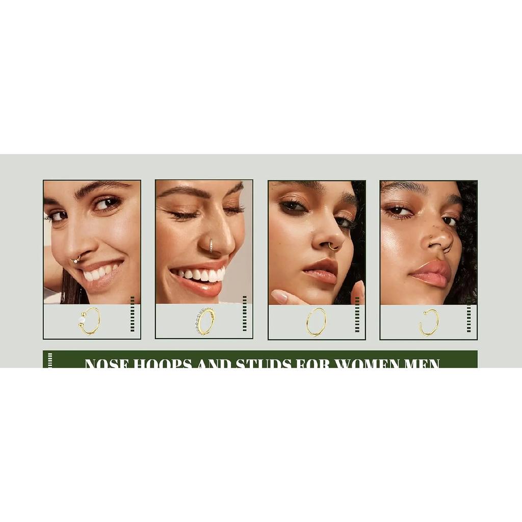 ORAZIO 18Pcs Nose Rings for Women Men 14K Gold-plated Surgical Steel Nose Hoops L Shaped Studs Opal CZ Nostril Piercing Jewelry