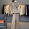 Women's 100% Wool Knit Two-Piece: Round Neck Cardigan & Wide-Leg Pants