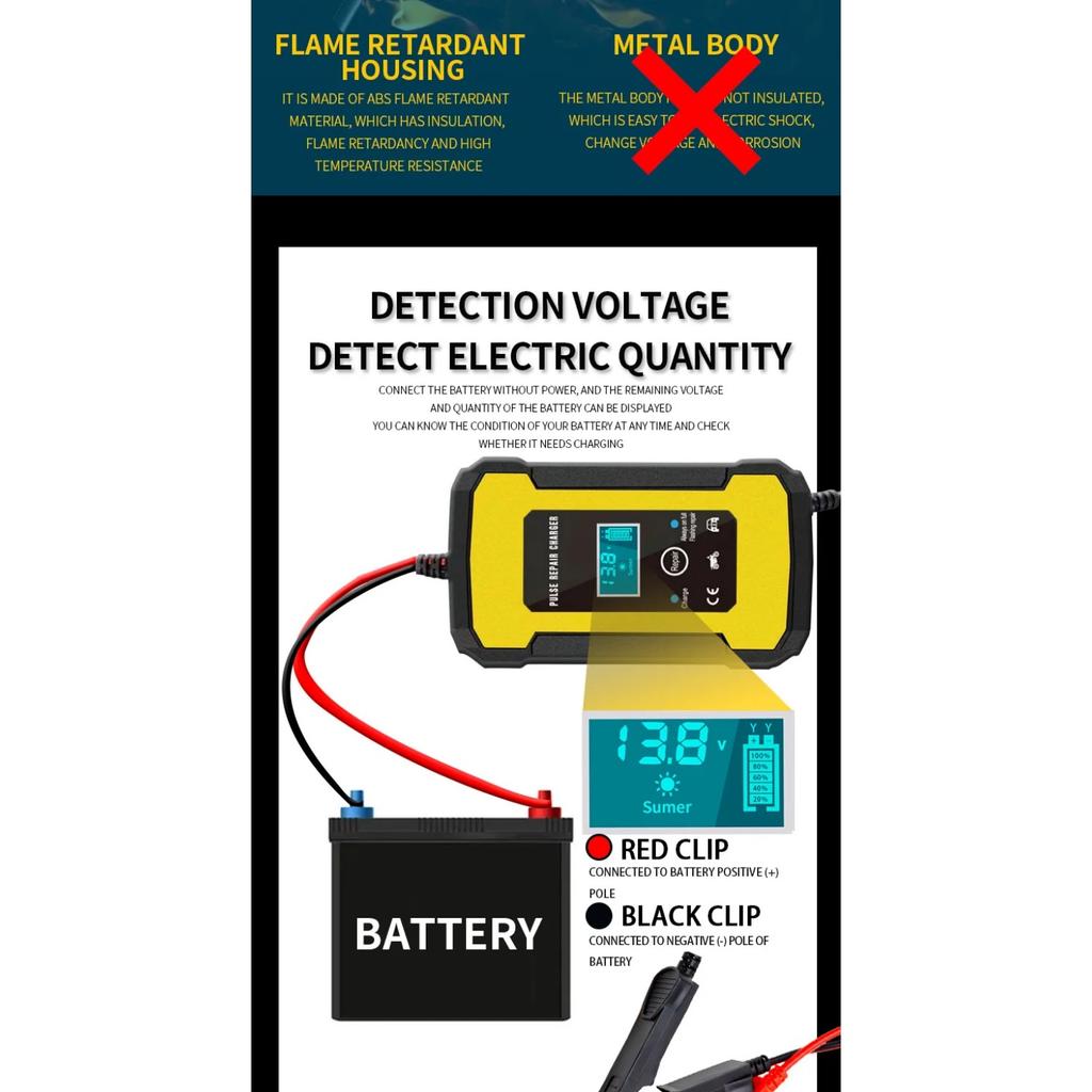 Полностью автоматическое зарядное устройство для автомобильного аккумулятора 110 В - 220 В - 12 В 6 А Интеллектуальная быстрая зарядка Мокрый Сухой Свинцово-кислотный Цифровой ЖК-дисплей