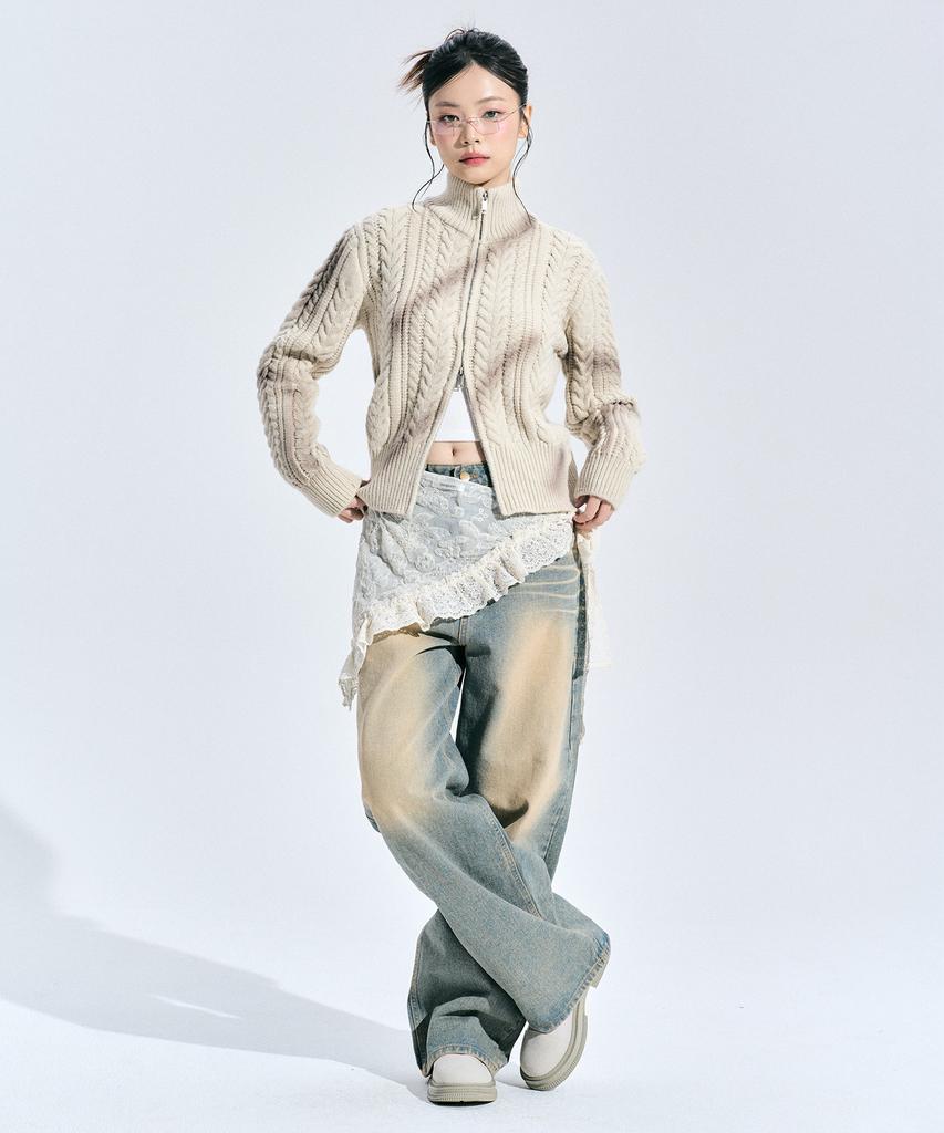 ZEROPLANET Eleanor Spray Knit Zip-Up [Beige]