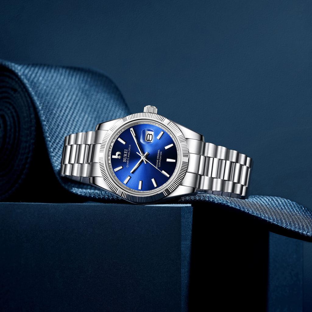 Часы водонепроницаемые брендовые кварцевые аналоговые часы простые популярные деловые модные серебристо-синие светящиеся часы подарок на день рождения [BUREI] мужские