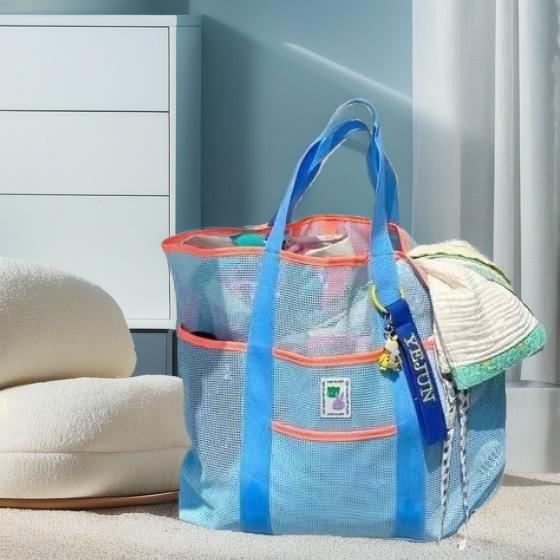 Premium Mesh Beach Bag Color Block Design Multi Pocket Organizer Sand proof Waterproof Tote Bag Pool Toys Towels Storage Pouch