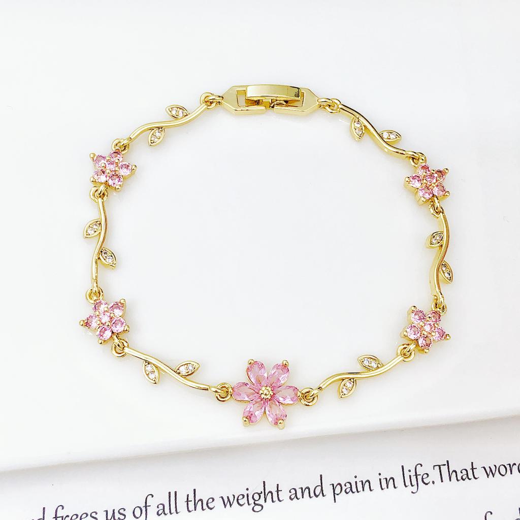 Trendy Multicolor Zircon Tulip Flower Bracelet Gold Plated Leaf Vine Chain Bracelet Romantic Wedding Party Zircon for Women