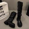 Женские высокие сапоги на толстой платформе, дизайнерские кожаные туфли на среднем каблуке с пряжкой, модные зимние туфли до колена в мотоциклетном стиле, женские ботинки