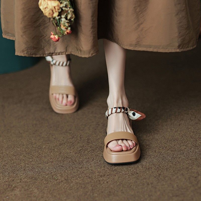 Fashion Platform Sandals for Women Summer 2024 Flat Rubber Ladies Shoes Leather Footwear One Word No Heel Asian Size Chic and Elegant H