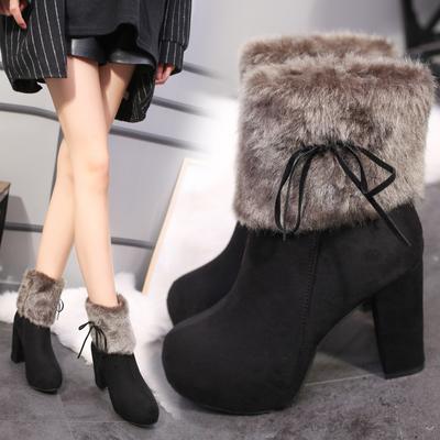 Модные зимние женские сапоги на высоком каблуке, меховая теплая обувь, модные сапоги для женщин, зимние сапоги на высоком каблуке, супер квадратный каблук 10 см, женские сапоги