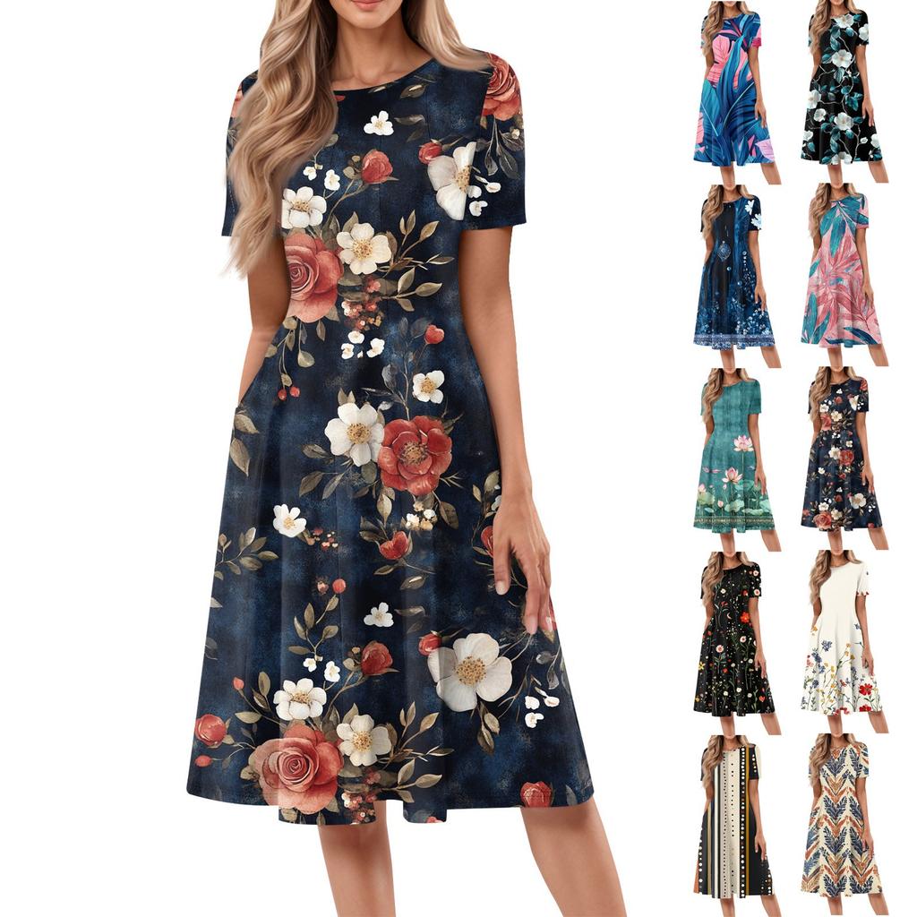 Women's Fashionable Print Round Neck Loose Short Sleeved Pocket Pullover Dress